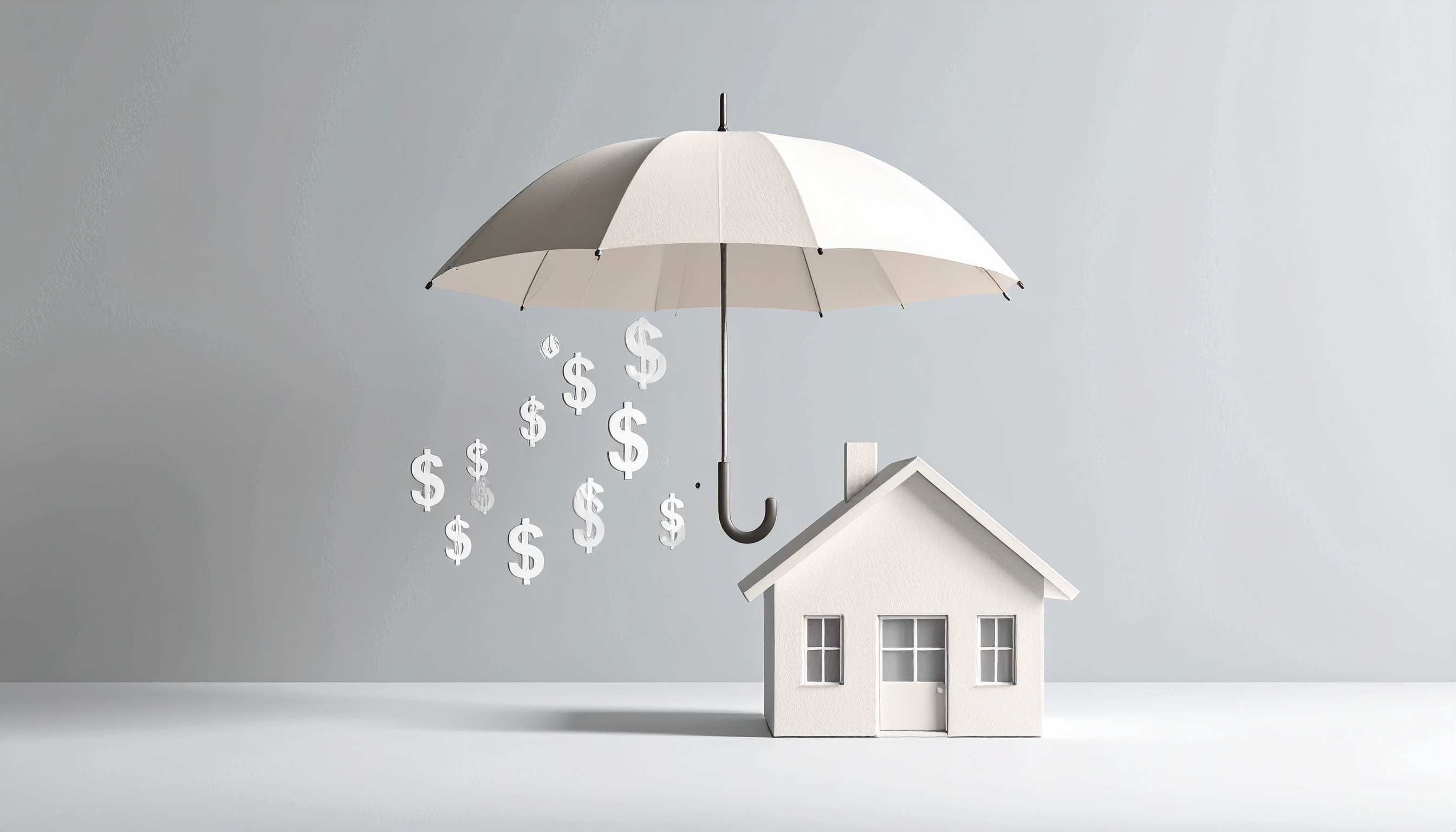 Maison de banlieu conceptuelle, parapluie et signes de dollar